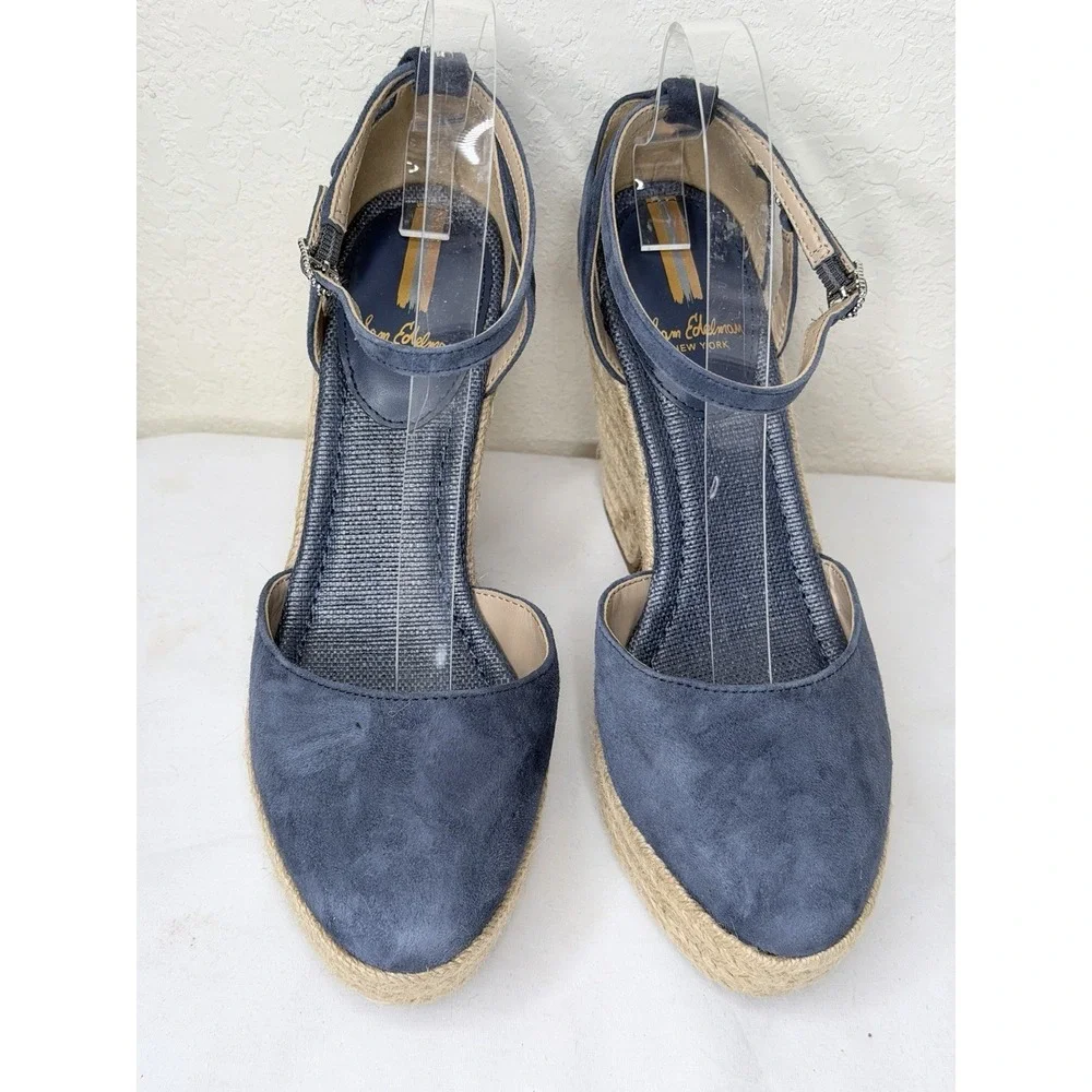 Sam Edelman Espadrille Wedge Sandals Womens Size 7.5 Blue Suede Ankle Strappy